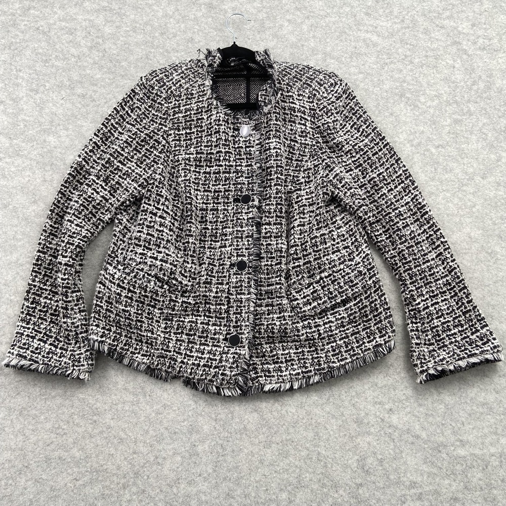 Lane Bryant Blazer Womens 14 Black White Tweed Check Collarless Fringe Jacket
